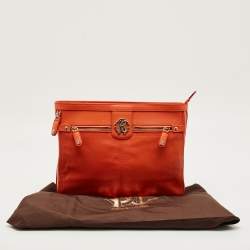 Pre Owned Roberto Cavalli Orange Leather RC Logo Zip Aound Clutch