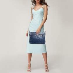 Pre Owned Roberto Cavalli Blue Leather RC Zip Around Clutch
