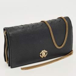 Pre Owned Roberto Cavalli Black Leather RC Flap Wallet On Chain