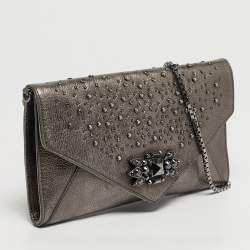 مملوكة مسبقًا Roberto Cavalli Crystal Embellished Metallic Grey Leather Chain Clutch