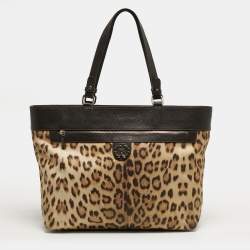 مملوكة مسبقًا Roberto Cavalli Top Zip Brown Leopard Print Fabric and Leather Totes