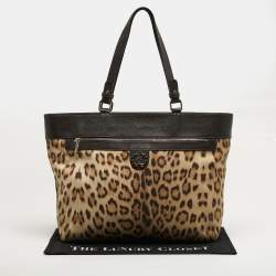 Pre Owned Roberto Cavalli Top Zip Brown Leopard Print Fabric and Leather Totes