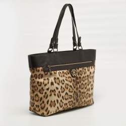 Pre Owned Roberto Cavalli Top Zip Brown Leopard Print Fabric and Leather Totes