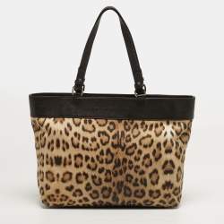 Pre Owned Roberto Cavalli Top Zip Brown Leopard Print Fabric and Leather Totes