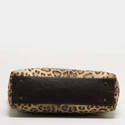 Pre Owned Roberto Cavalli Top Zip Brown Leopard Print Fabric and Leather Totes