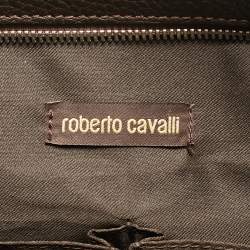 Pre Owned Roberto Cavalli Top Zip Brown Leopard Print Fabric and Leather Totes