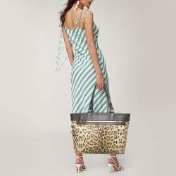 Pre Owned Roberto Cavalli Top Zip Brown Leopard Print Fabric and Leather Totes