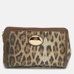 Pre Owned Roberto Cavalli Metallic/Brown Leopard Print Coated Canvas Zip Pouch