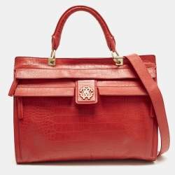 مملوكة مسبقًا Roberto Cavalli Red Croc Embossed Leather Top Handle Bag