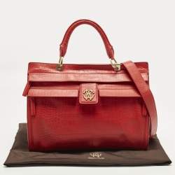 Pre Owned حقيبة يد روبيرتو كافالي جلد بارز بتصميم تمساح أحمر