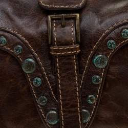 Pre Owned Roberto Cavalli Dark Brown Leather Studded Shoulder Bag
