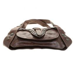 Pre Owned Roberto Cavalli Dark Brown Leather Studded Shoulder Bag