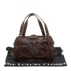 Pre Owned Roberto Cavalli Dark Brown Leather Studded Shoulder Bag