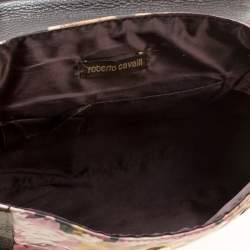 Roberto Cavalli Brown/Multicolor Leather and Printed Fabric Top Handle Bag