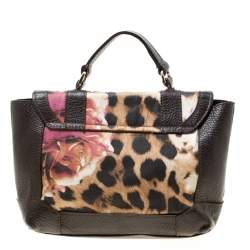 Roberto Cavalli Brown/Multicolor Leather and Printed Fabric Top Handle Bag