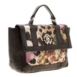 Roberto Cavalli Brown/Multicolor Leather and Printed Fabric Top Handle Bag