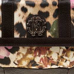 Roberto Cavalli Brown/Multicolor Leather and Printed Fabric Top Handle Bag