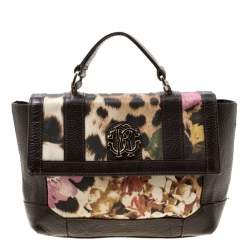 Roberto Cavalli Brown/Multicolor Leather and Printed Fabric Top Handle Bag