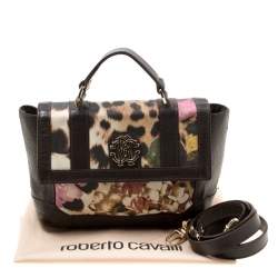 Roberto Cavalli Brown/Multicolor Leather and Printed Fabric Top Handle Bag