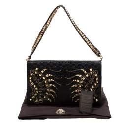 Pre Owned حقيبة كلاتش روبرتو كافالي سلسلة رجينا مرصعة جلد سوداء