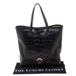 Pre Owned Roberto Cavalli Black Croc Embossed Leather Tote
