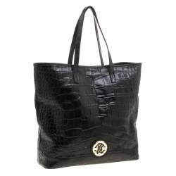 Pre Owned Roberto Cavalli Black Croc Embossed Leather Tote