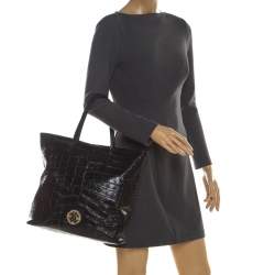 Pre Owned Roberto Cavalli Black Croc Embossed Leather Tote