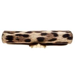 Roberto Cavalli Brown Leopard Print Satin and Leather Clutch