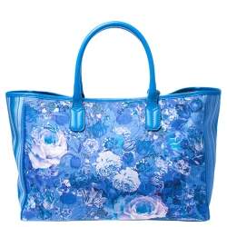 Pre Owned Roberto Cavalli Blue Floral Print Canvas and Leather Tote