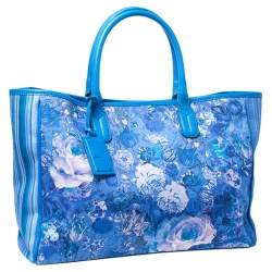 Pre Owned Roberto Cavalli Blue Floral Print Canvas and Leather Tote