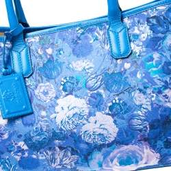 Pre Owned Roberto Cavalli Blue Floral Print Canvas and Leather Tote