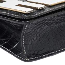 Roberto Cavalli Black Crocodile Embossed Leather Logo Chain Clutch