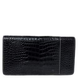 Roberto Cavalli Black Crocodile Embossed Leather Logo Chain Clutch