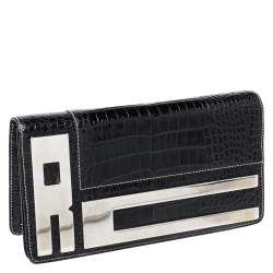 Roberto Cavalli Black Crocodile Embossed Leather Logo Chain Clutch