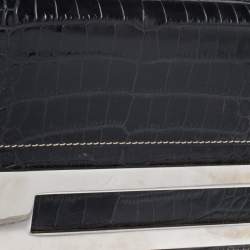 Roberto Cavalli Black Crocodile Embossed Leather Logo Chain Clutch