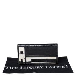 Roberto Cavalli Black Crocodile Embossed Leather Logo Chain Clutch