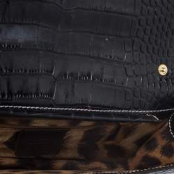 Roberto Cavalli Black Crocodile Embossed Leather Logo Chain Clutch