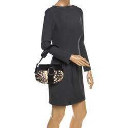 Pre Owned Roberto Cavalli Black/Cream Printed Satin and Leather Round Buckle Flap Hobo