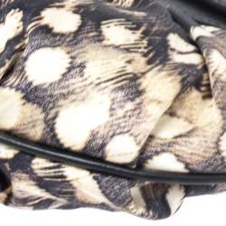 Pre Owned Roberto Cavalli Black/Cream Printed Satin and Leather Round Buckle Flap Hobo