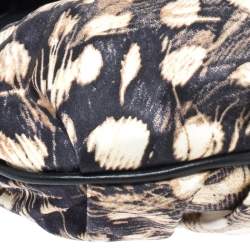 Pre Owned Roberto Cavalli Black/Cream Printed Satin and Leather Round Buckle Flap Hobo