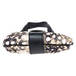 Pre Owned Roberto Cavalli Black/Cream Printed Satin and Leather Round Buckle Flap Hobo