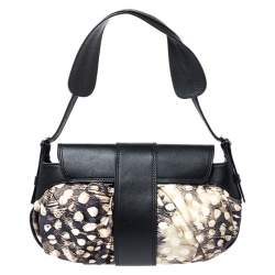 Pre Owned Roberto Cavalli Black/Cream Printed Satin and Leather Round Buckle Flap Hobo