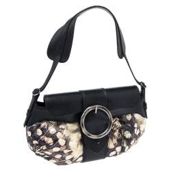 Pre Owned Roberto Cavalli Black/Cream Printed Satin and Leather Round Buckle Flap Hobo