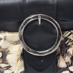 Pre Owned Roberto Cavalli Black/Cream Printed Satin and Leather Round Buckle Flap Hobo