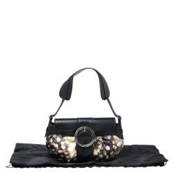 Pre Owned Roberto Cavalli Black/Cream Printed Satin and Leather Round Buckle Flap Hobo