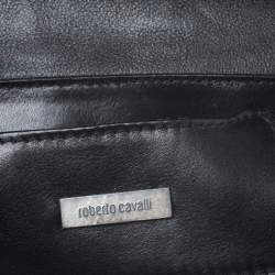 Pre Owned Roberto Cavalli Black/Cream Printed Satin and Leather Round Buckle Flap Hobo