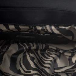 Pre Owned Roberto Cavalli Black/Cream Printed Satin and Leather Round Buckle Flap Hobo