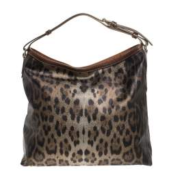 Pre Owned Roberto Cavalli Black/Brown Leopard Print Coated Canvas and Leather Hobo