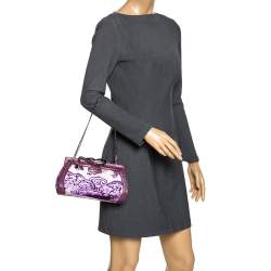 Pre Owned حقيبة كلاتش روبرتو كافالي سلسلة إطار جلد نقش سحلية وساتان بنفسجية