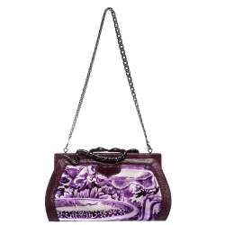 Pre Owned حقيبة كلاتش روبرتو كافالي سلسلة إطار جلد نقش سحلية وساتان بنفسجية